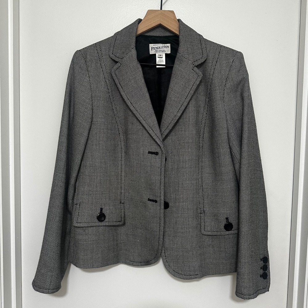 Pendleton | Women's Black White 100% Virgin Wool Houndstooth Blazer Jacket, 10